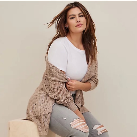 torrid Sweaters - Pointelle Cardigan Curved Hem Sweater
